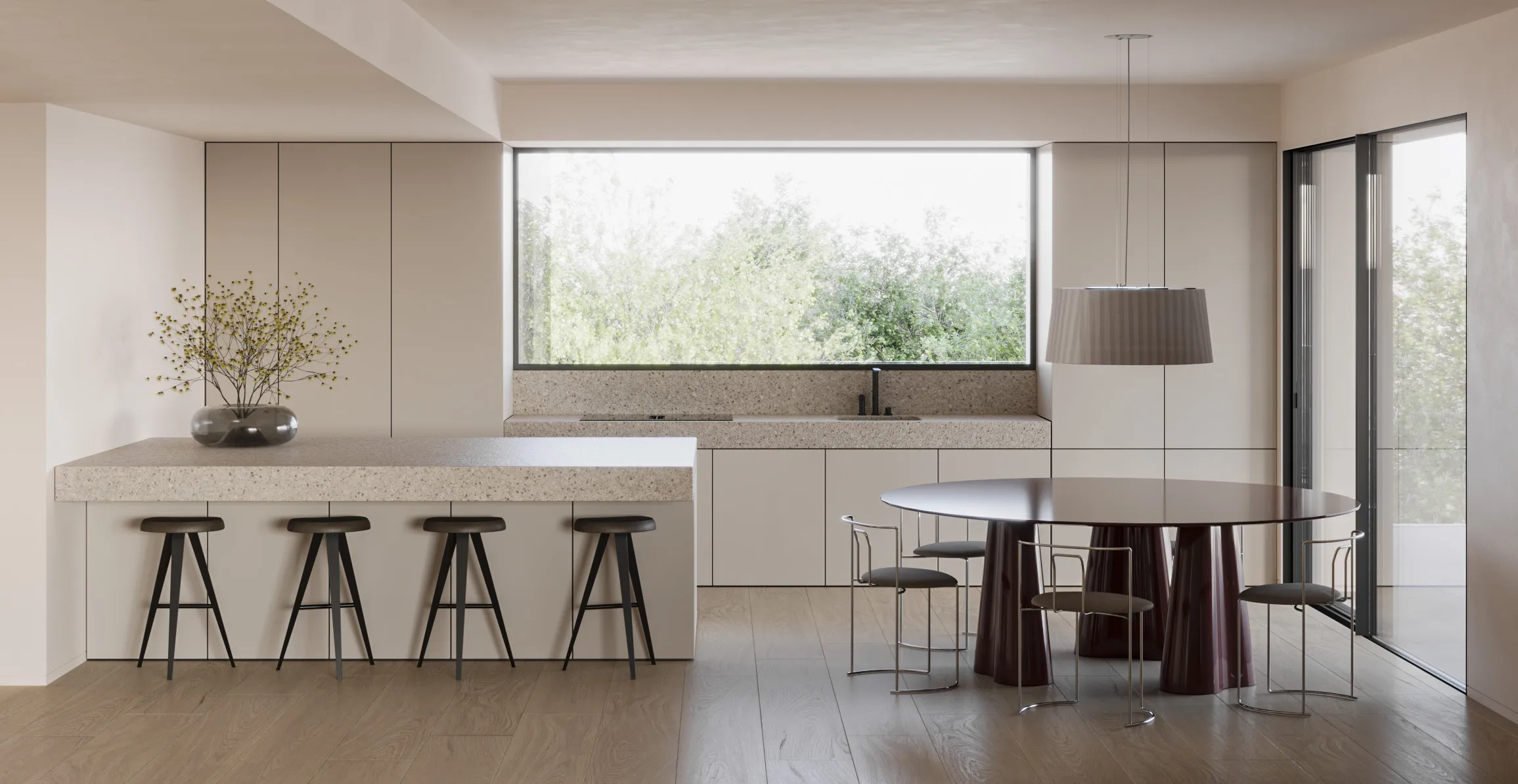 Rendering della cucina dell’attico con isola e tavolo da pranzo.