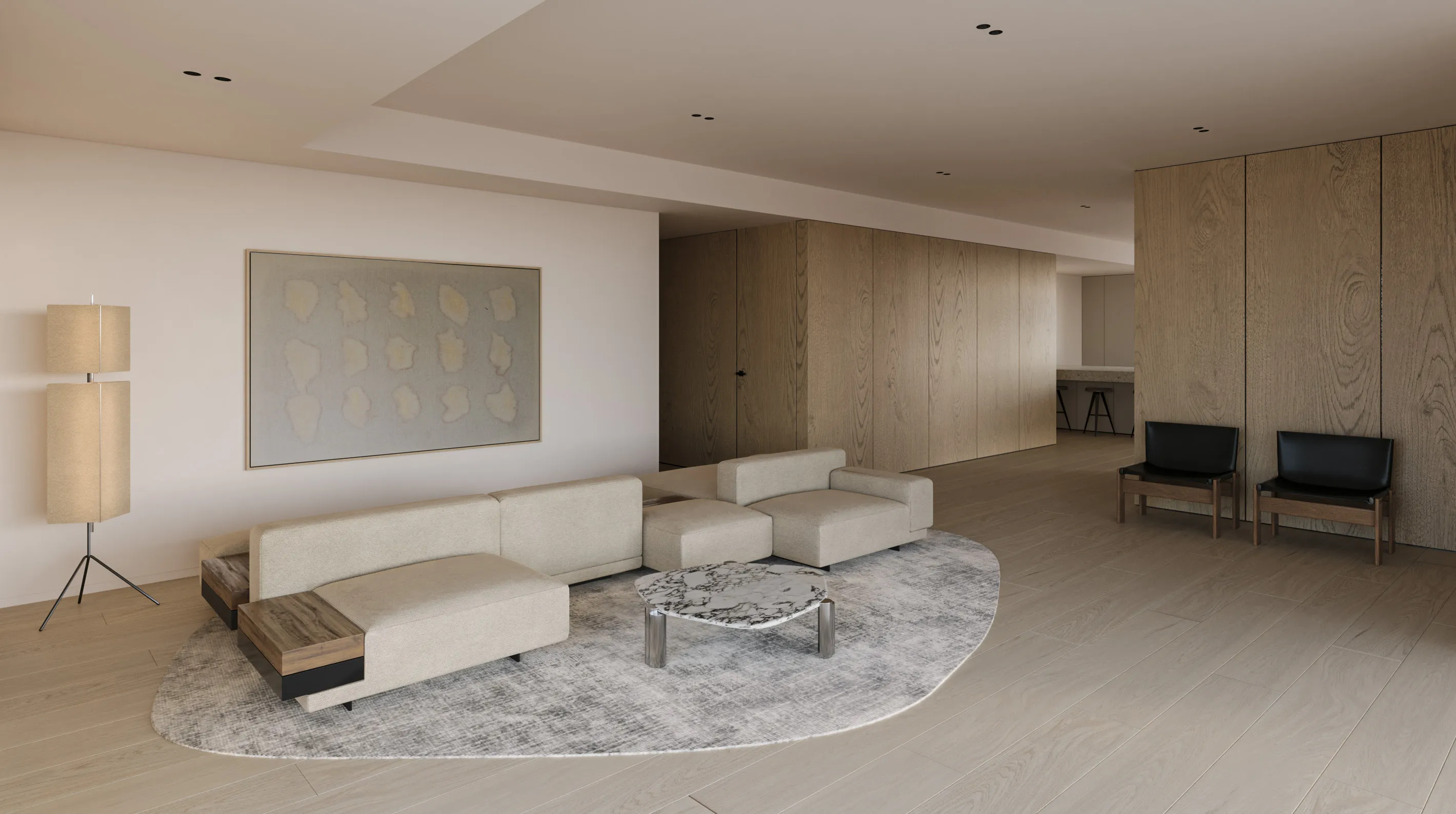 Rendering del soggiorno dell’attico con divano e pavimento in legno.