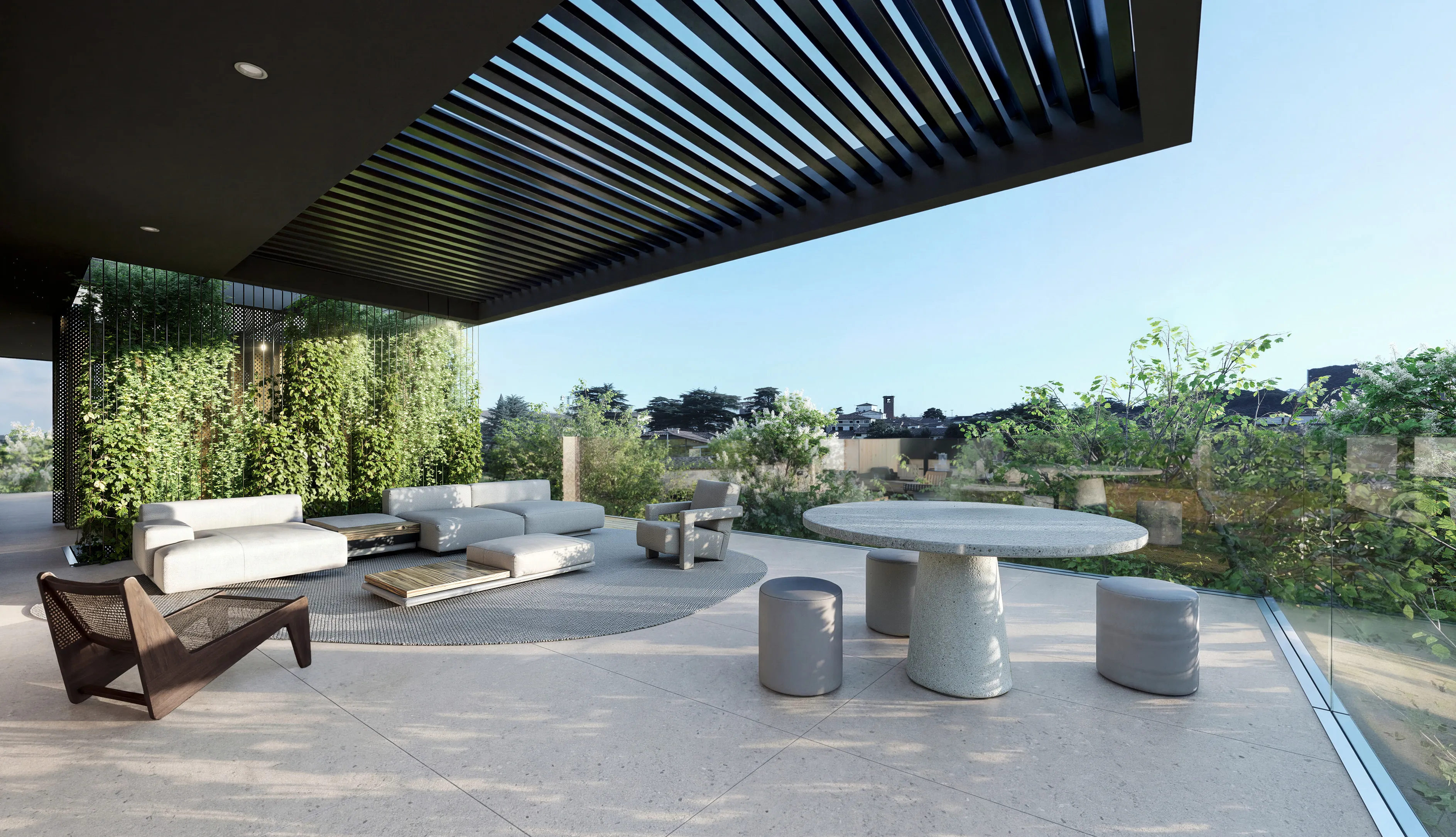 Rendering della terrazza dell’attico con sedute, tavolo e vista sulla città.