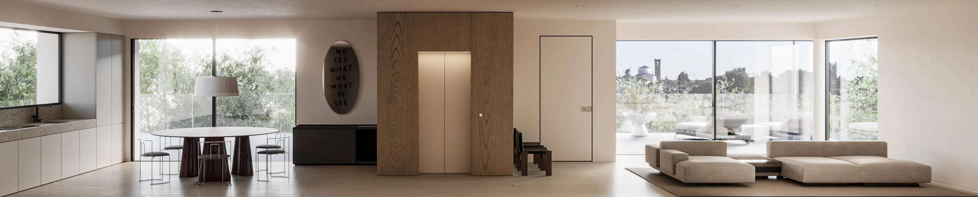 Rendering dell’interno dell’attico aperto verso la terrazza.