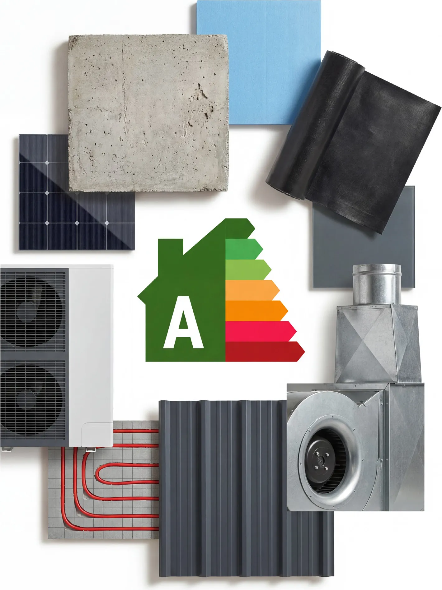 Illustrazione dei componenti impiantistici: fotovoltaico, pompa di calore, riscaldamento a pavimento.