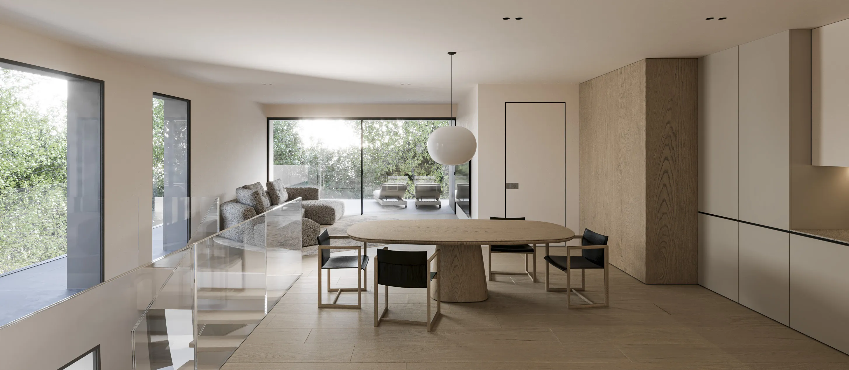 Rendering della zona giorno al piano primo della residenza Est.
