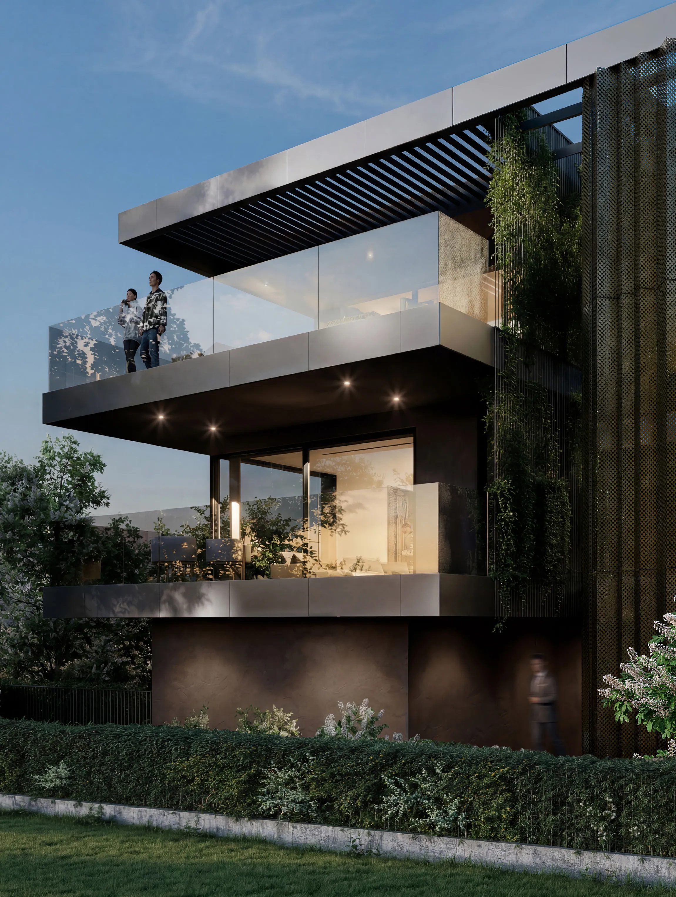 Rendering di dettaglio dell’angolo dell’edificio con terrazze aggettanti.
