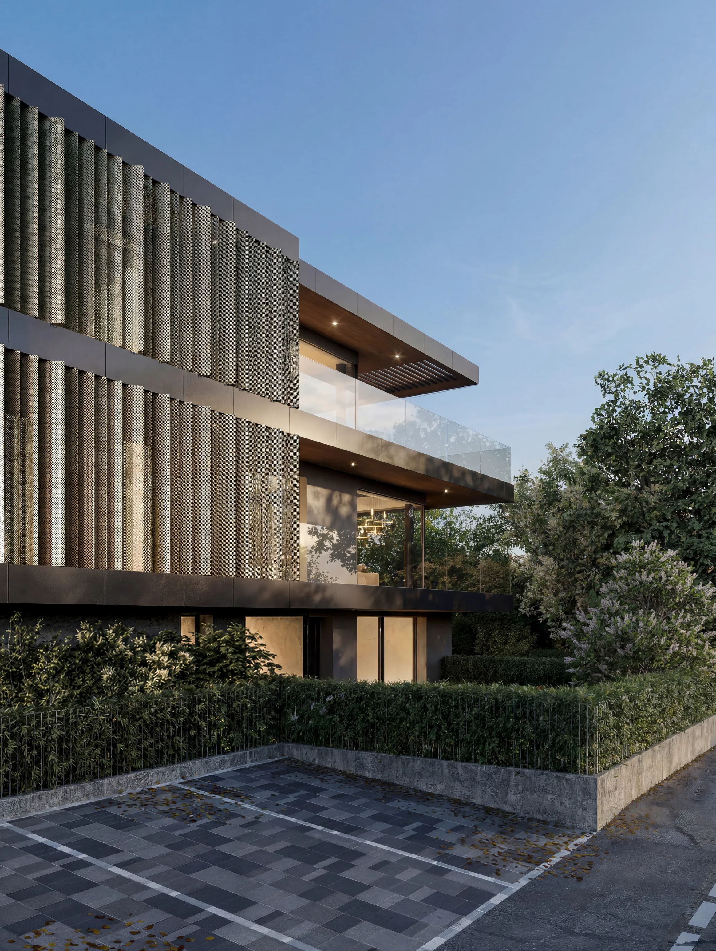 Rendering del fronte dell’edificio con schermature verticali in alluminio e verde.