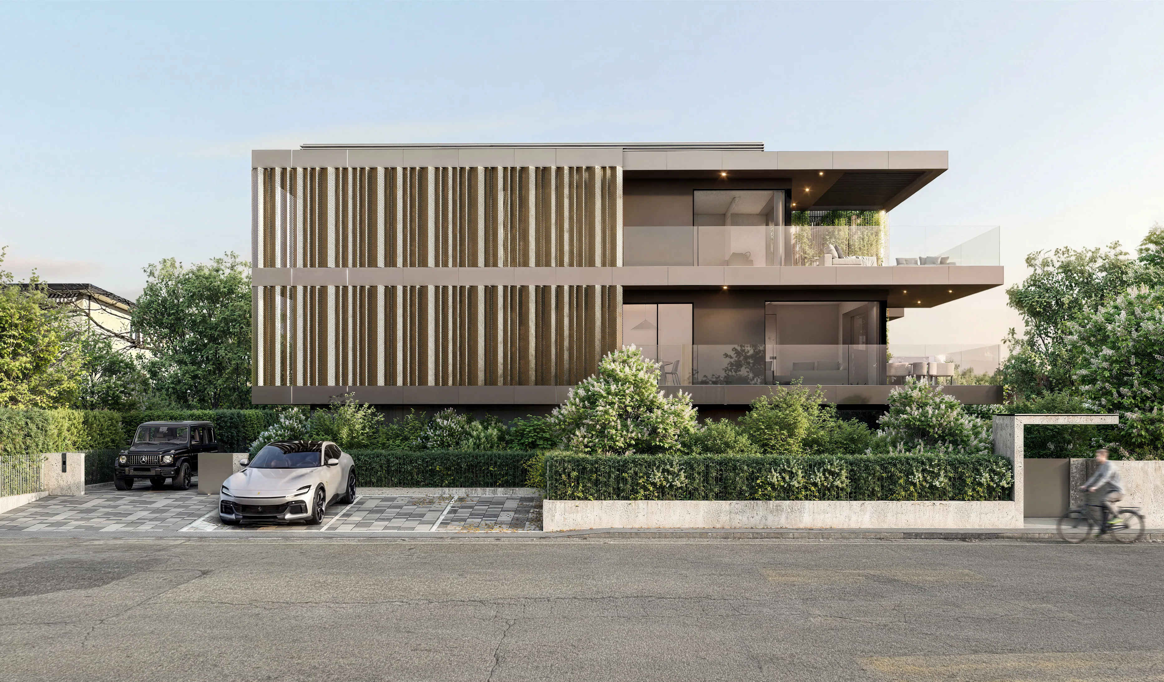 Rendering del fronte dell’edificio verso la strada, con le auto in primo piano.