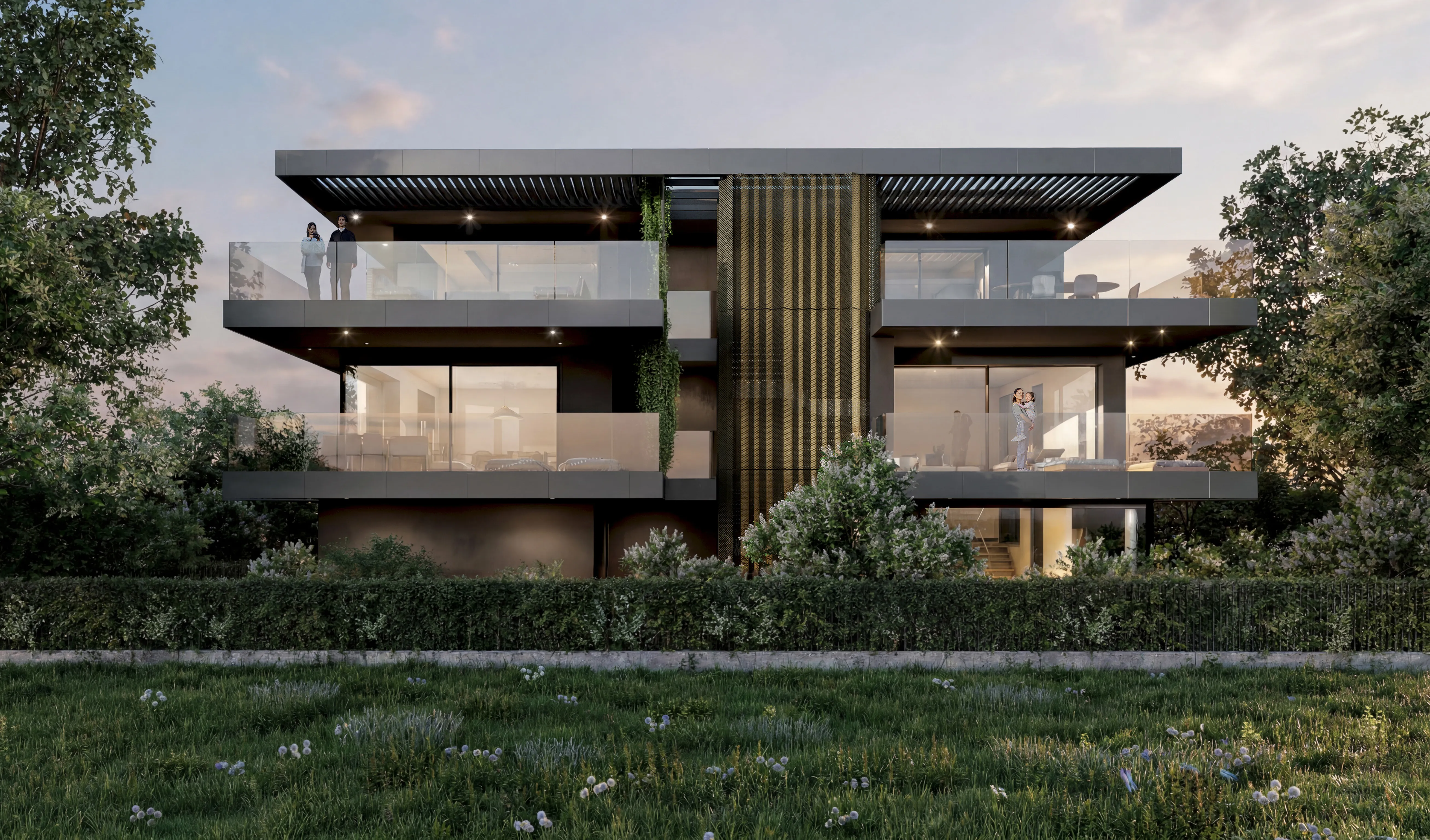 Rendering di progetto: il fronte dell’edificio al tramonto, con terrazze e schermature metalliche.