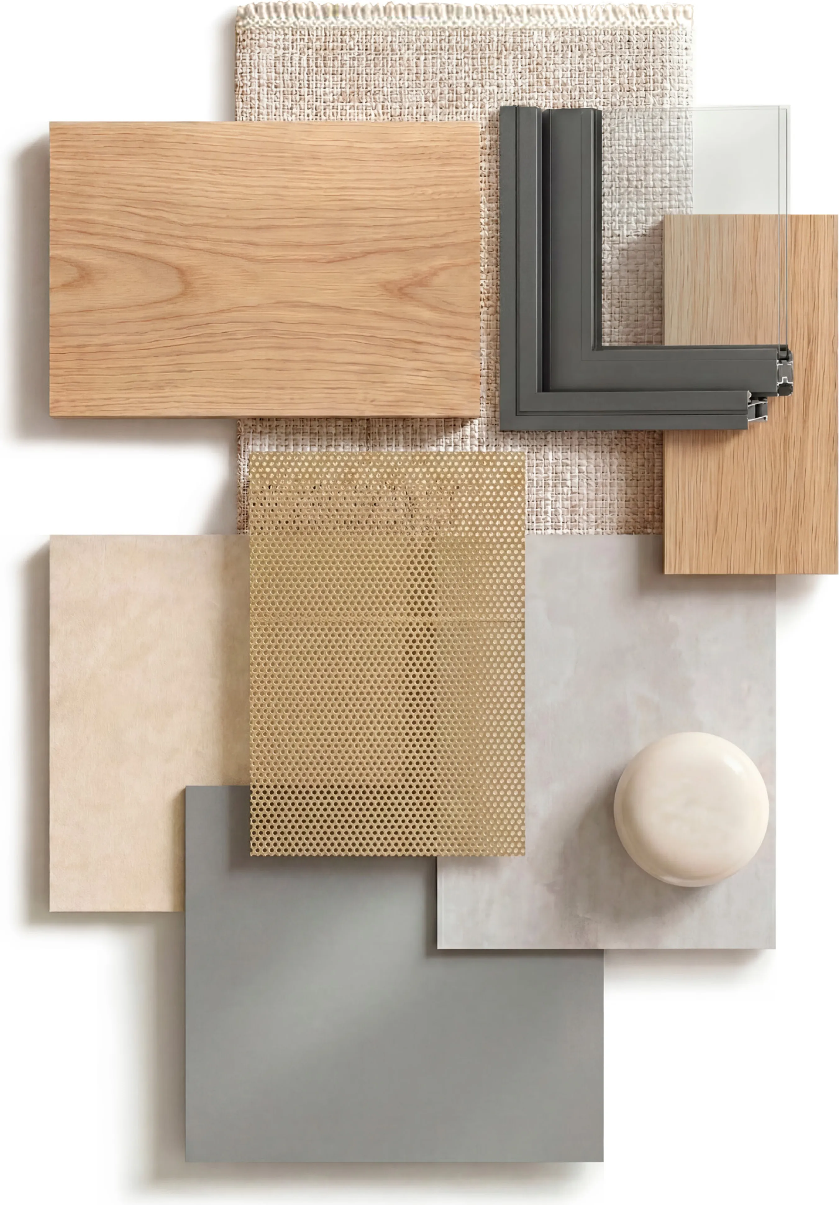 Collage dei materiali di finitura: legno, gres, metallo e tessuti.