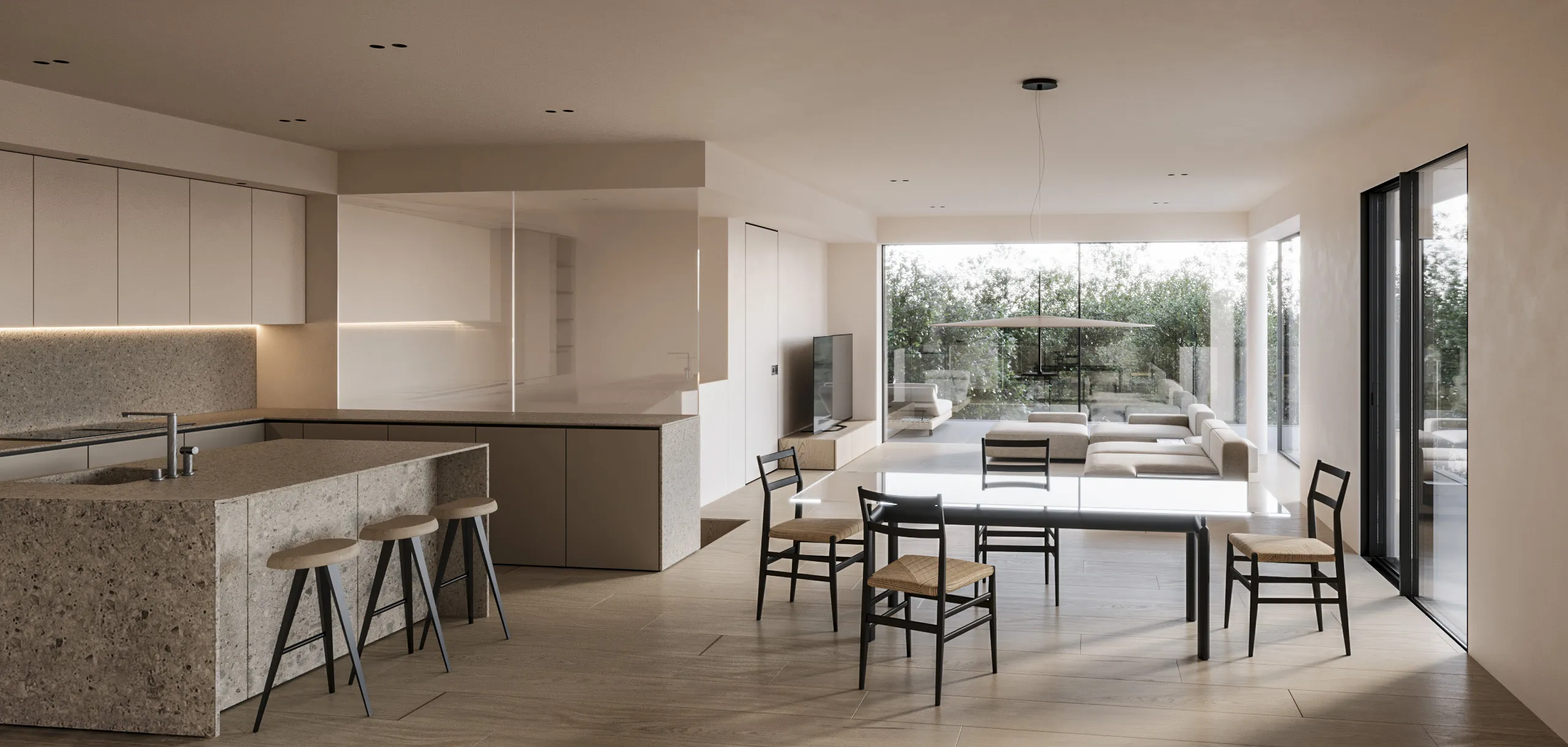 Rendering della zona giorno al piano primo, con cucina a vista e tavolo da pranzo.