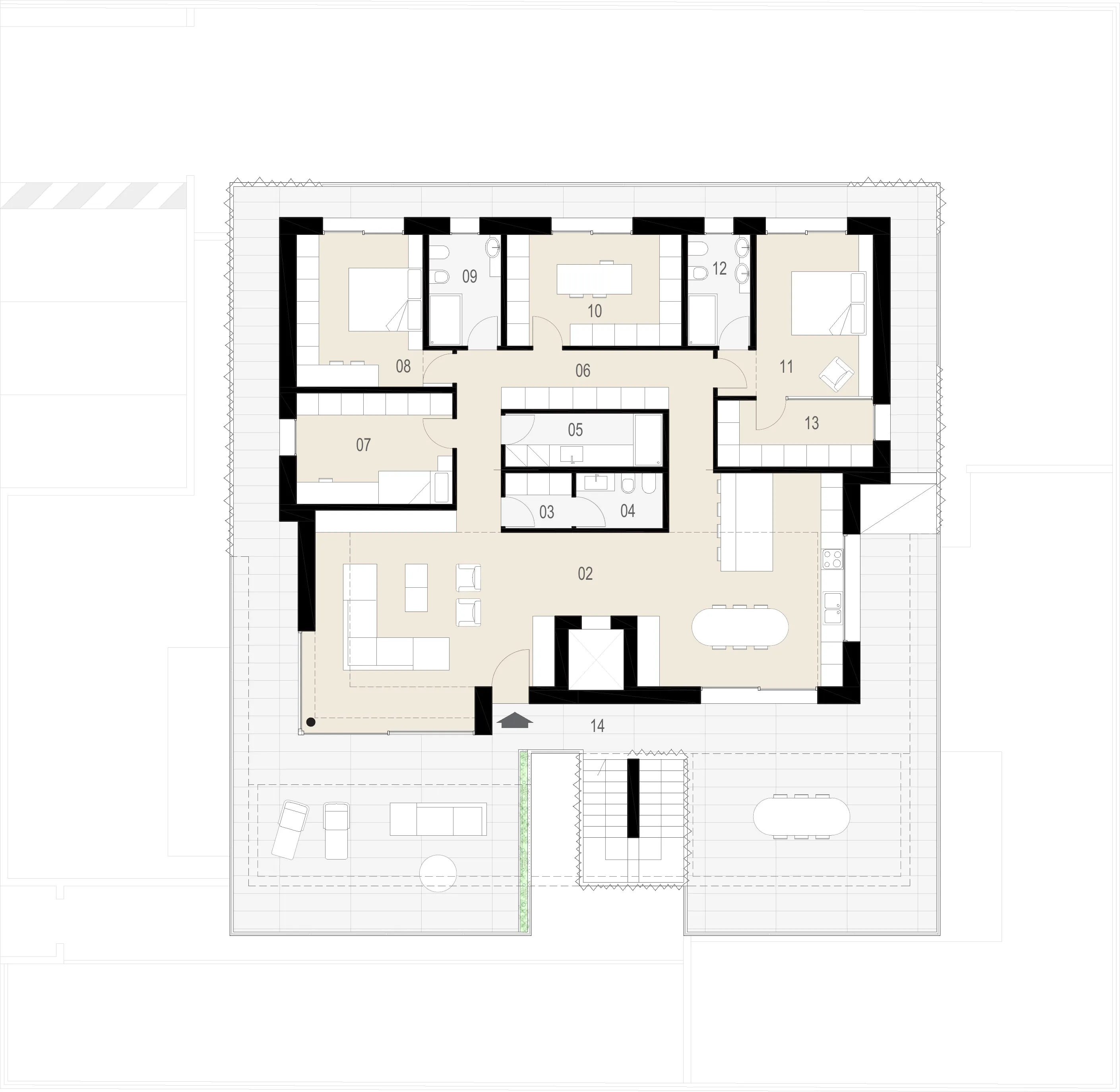 Pianta del piano secondo dell’attico, con soggiorno, cucina, camere, bagni e terrazza.