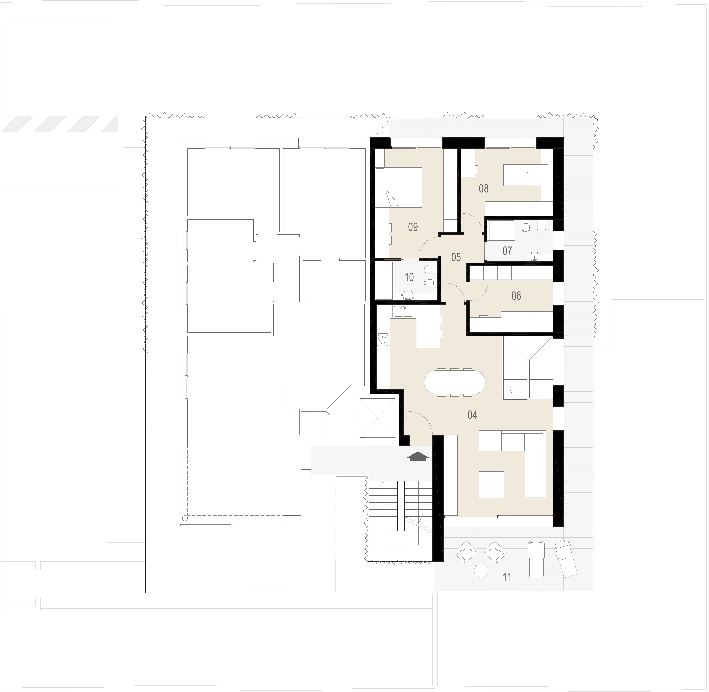 Pianta del piano primo della City Home Est, con soggiorno, cucina, tre camere e terrazza.