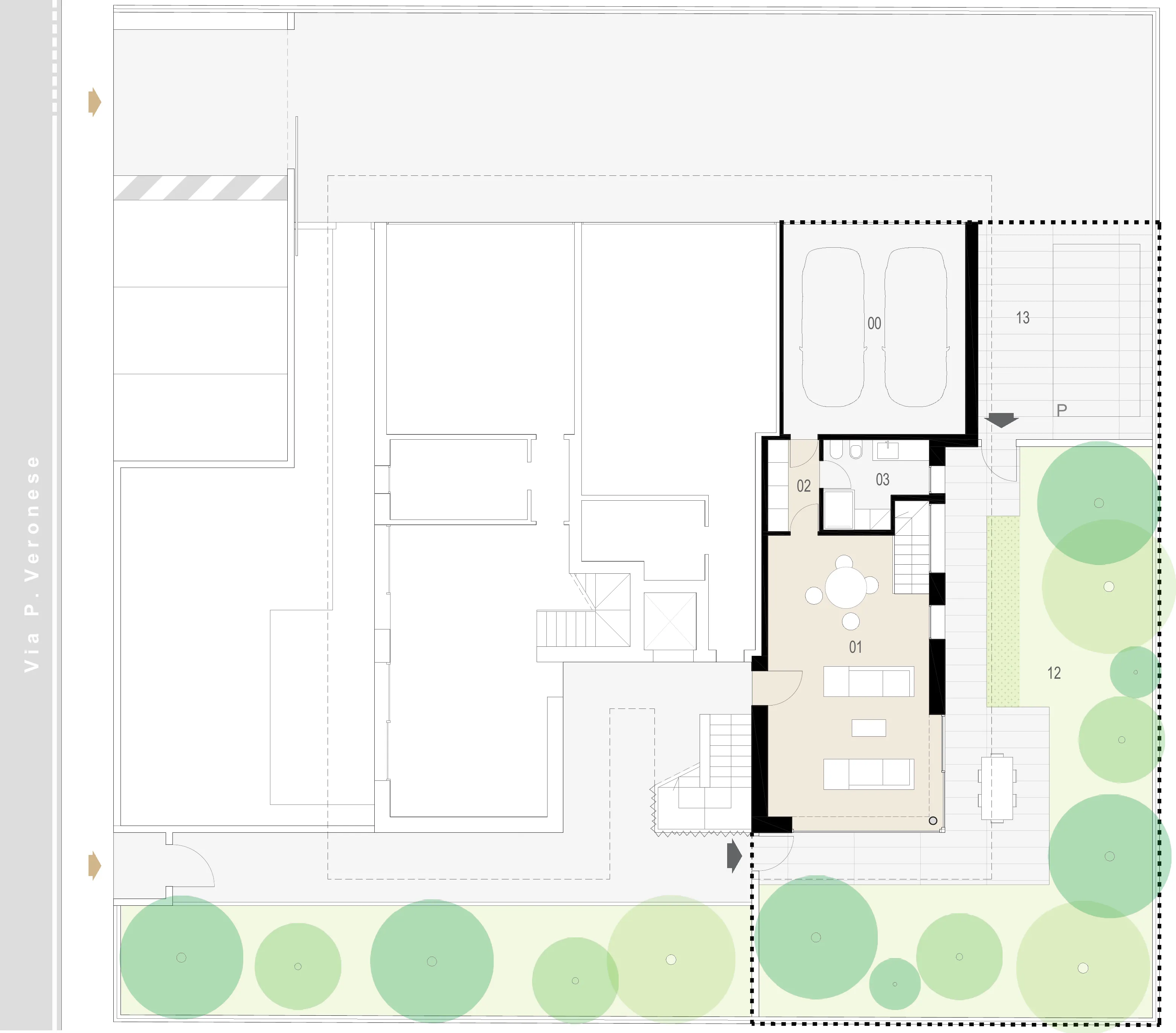 Pianta del piano terra della City Home Est, con garage, stanza polifunzionale e giardino.