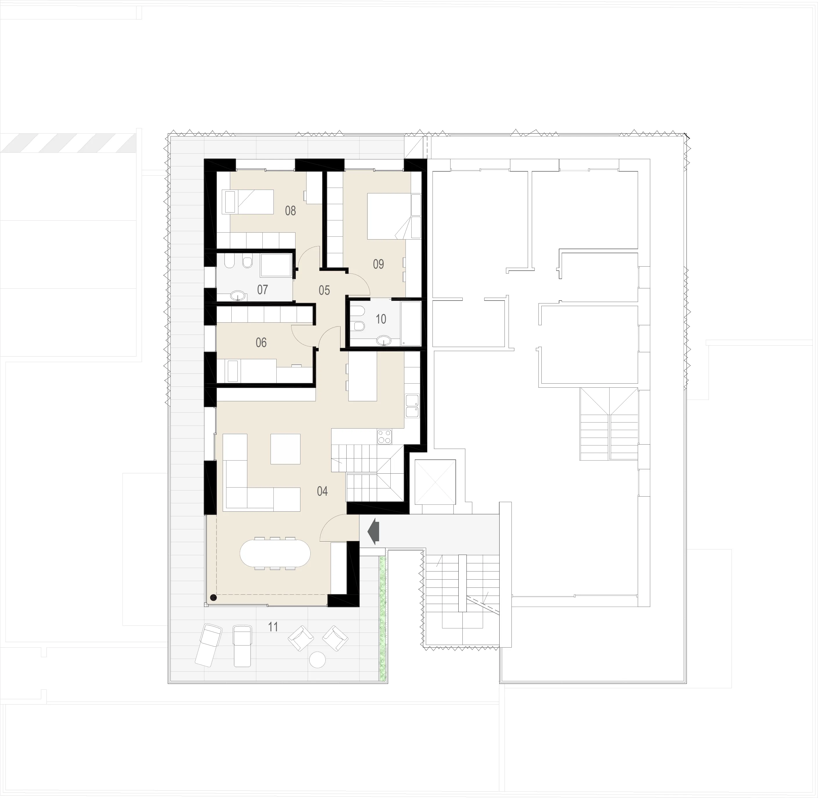Pianta del piano primo della City Home Ovest, con soggiorno, cucina, tre camere e terrazza.