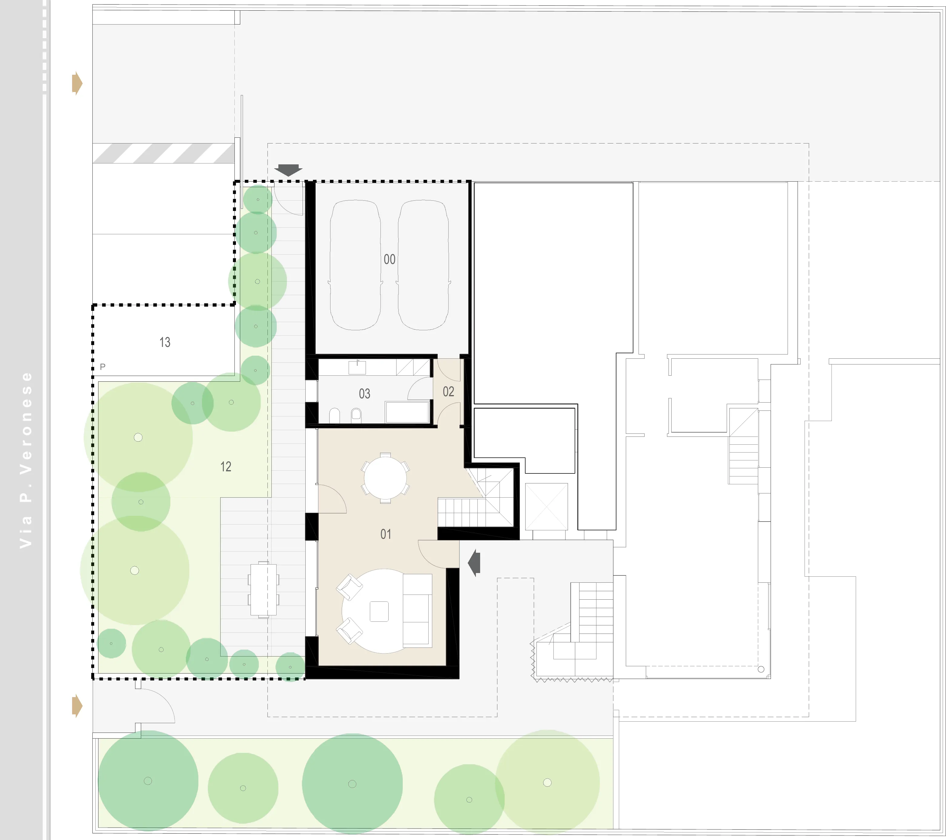 Pianta del piano terra della City Home Ovest, con garage, stanza polifunzionale e giardino.